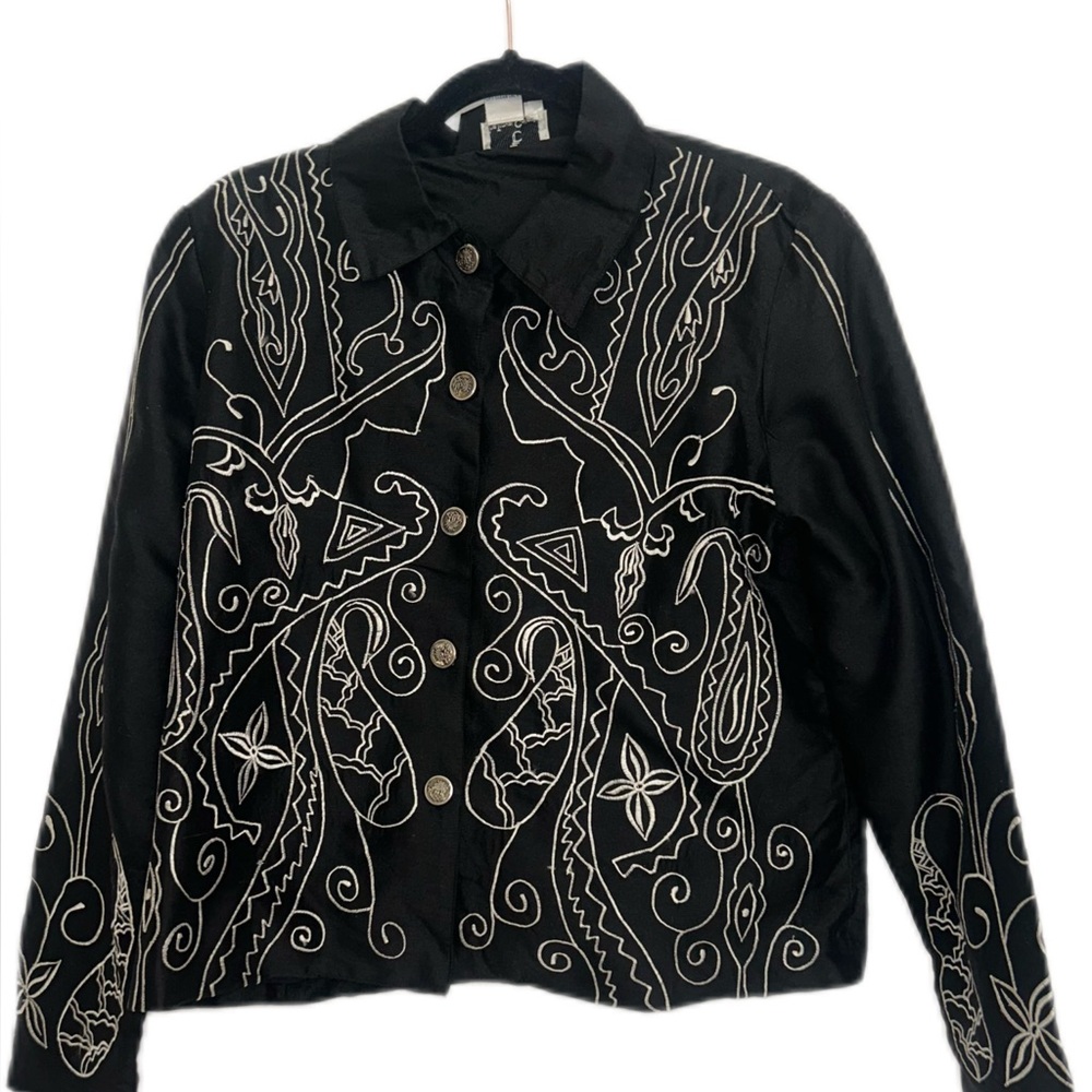 Travel Collection Vintage Embroidered Silk Blend Black Jacket w/ buttons size M